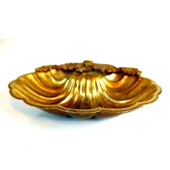 Hollywood Regency Gold Ornate Leaf Gilt Clam Shell Decorative Dish Soap Bowl - Picture 3 of 7